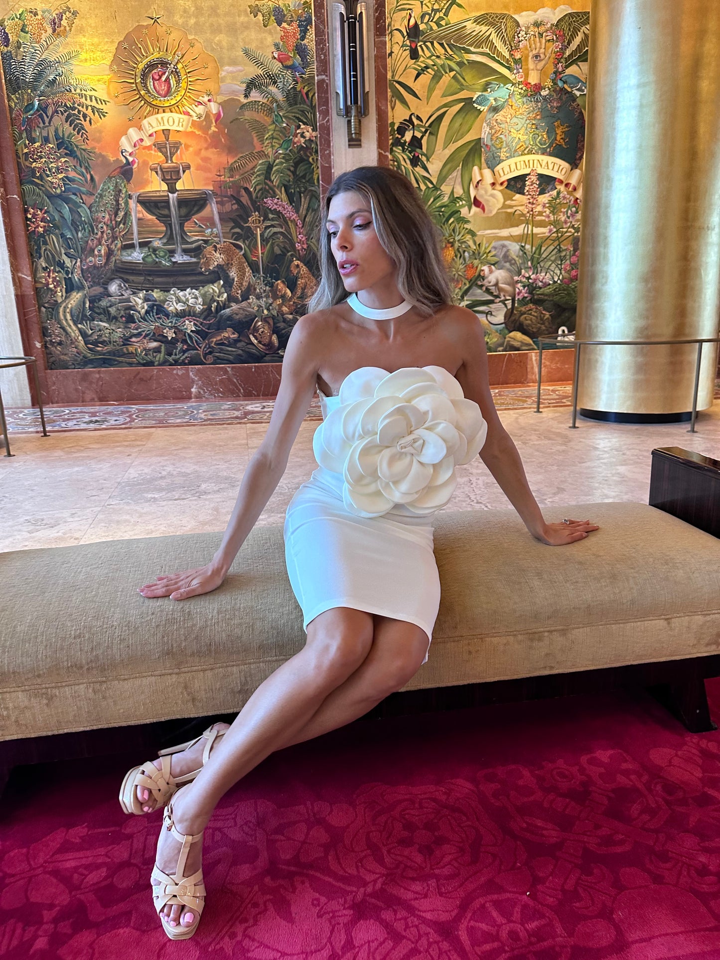 Elegant Sexy fitted white dress with large flower design, camelia rose mini style. Date, wedding, bachelorette, party dress.