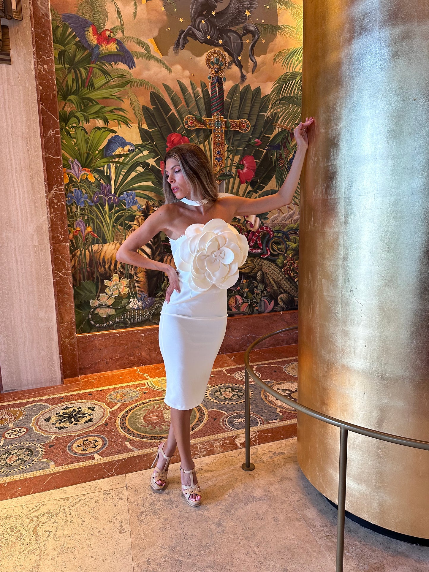 Elegant Sexy fitted white dress with large flower design, camelia rose mini style. Date, wedding, bachelorette, party dress.