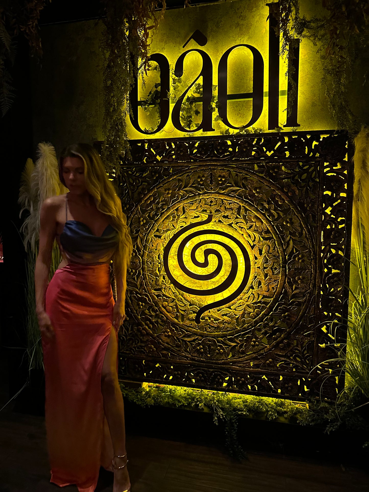 Sexy long ombre satin front slit and backless dress, violet pink to orange Miami sunset vacation date at Bali