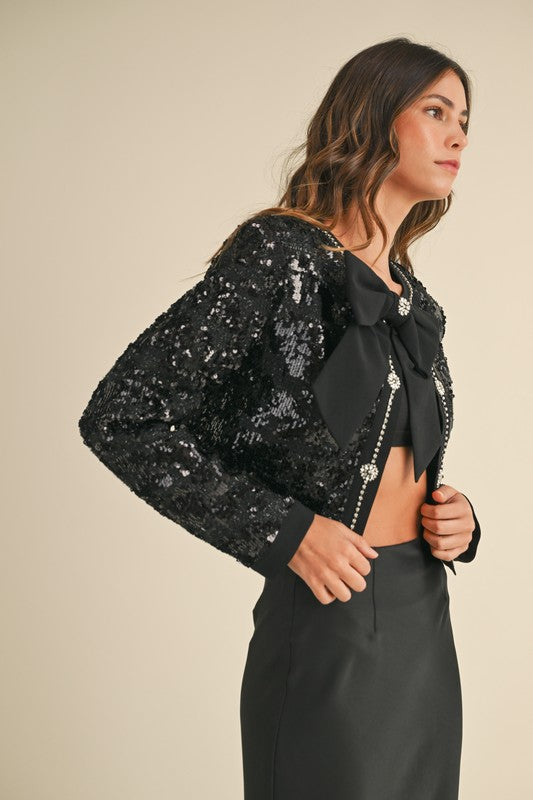 Gabrielle Tweed Sequin Jewel Bow Blazer