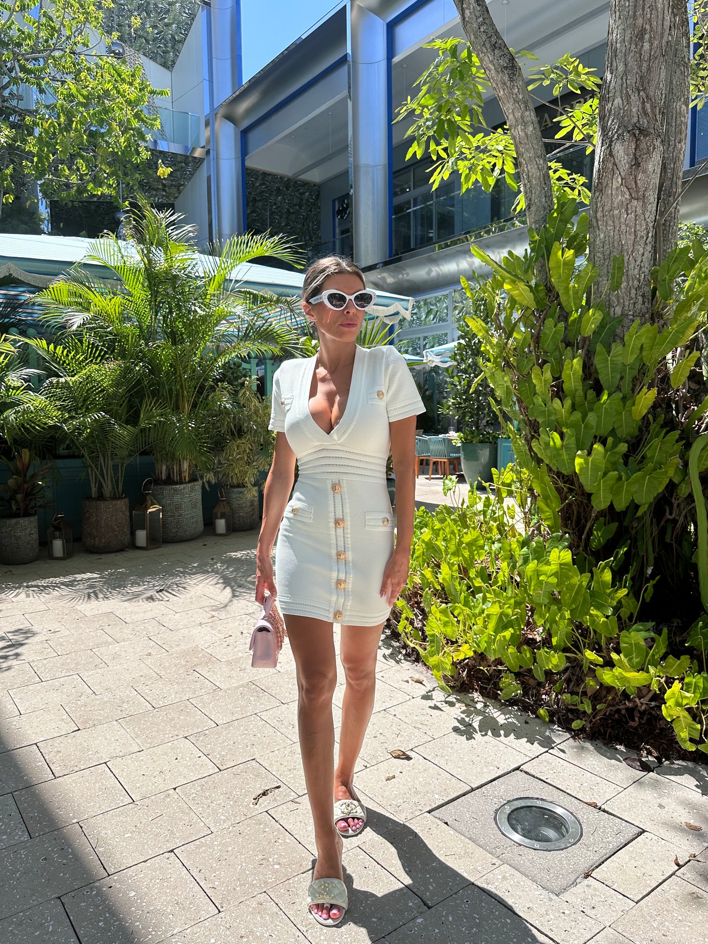 Elegant sexy fitted mini dress golden button designer style little white dress outfit for party date wedding office corporate event Miami
