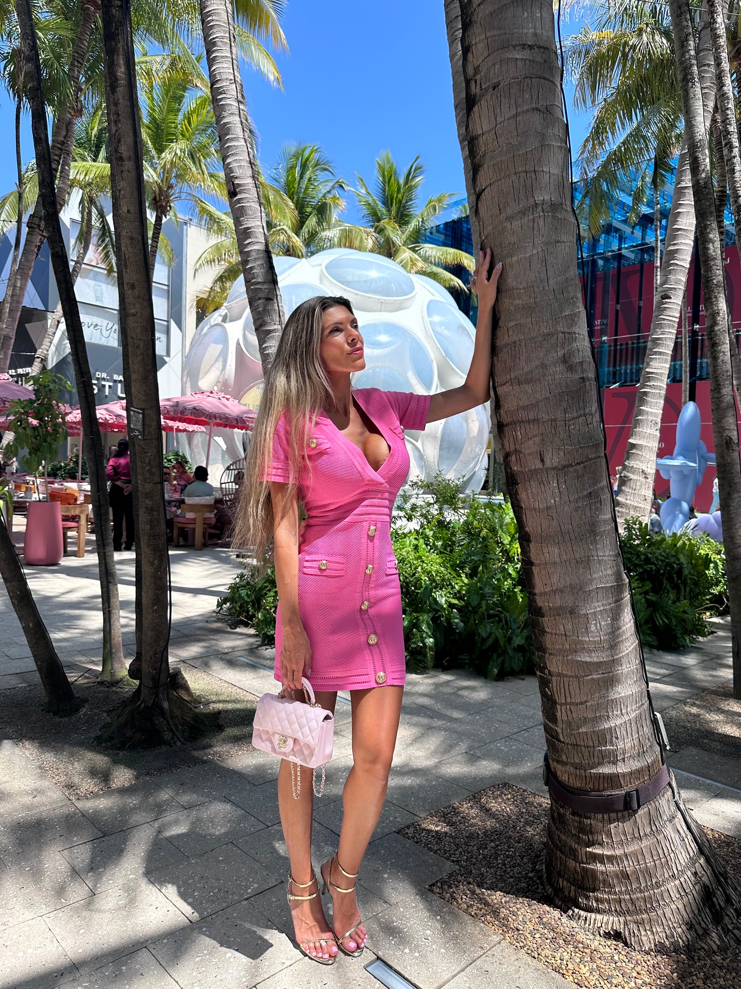 Elegant sexy fitted mini dress golden button designer style little pink dress outfit for party date wedding office corporate event