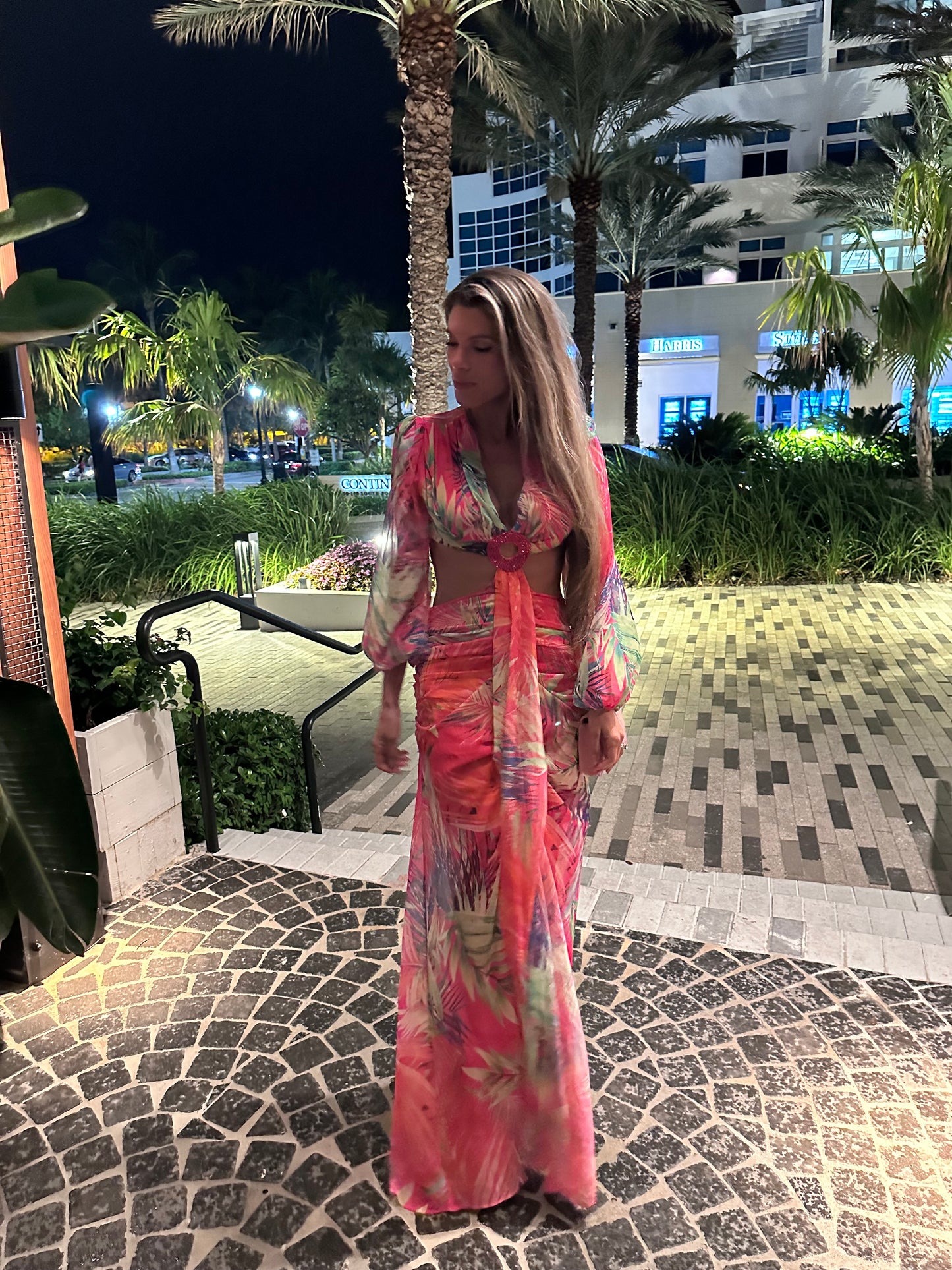 Sexy long tropical floral multiclor front slit and cutout long sleeve, pink print Miami vacation for date wedding outing