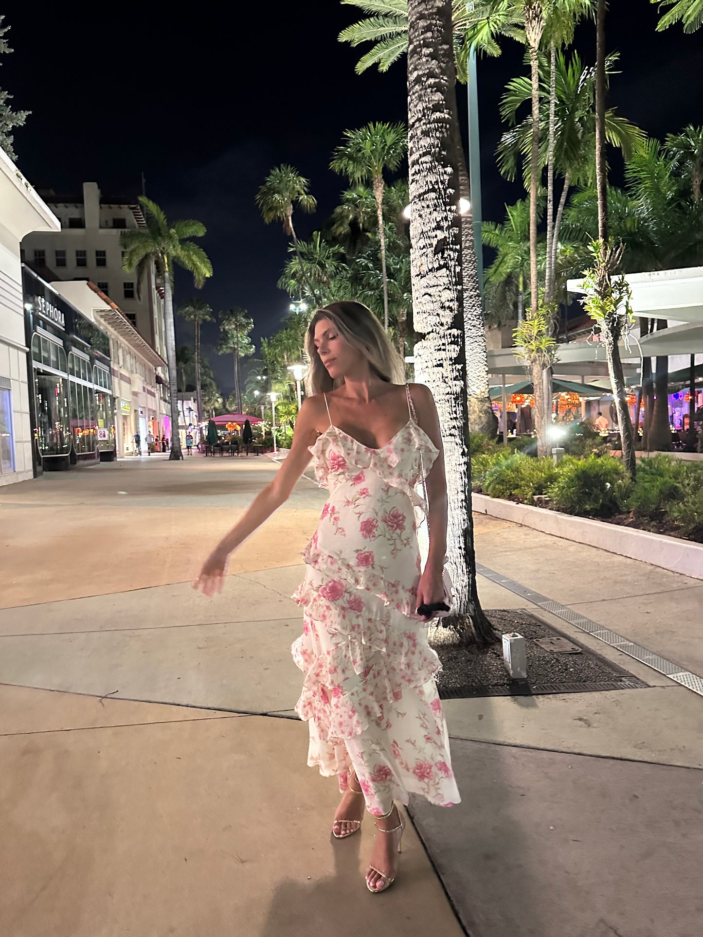 Romantic sweet cute long ruffle summer floral white and pink rose dress