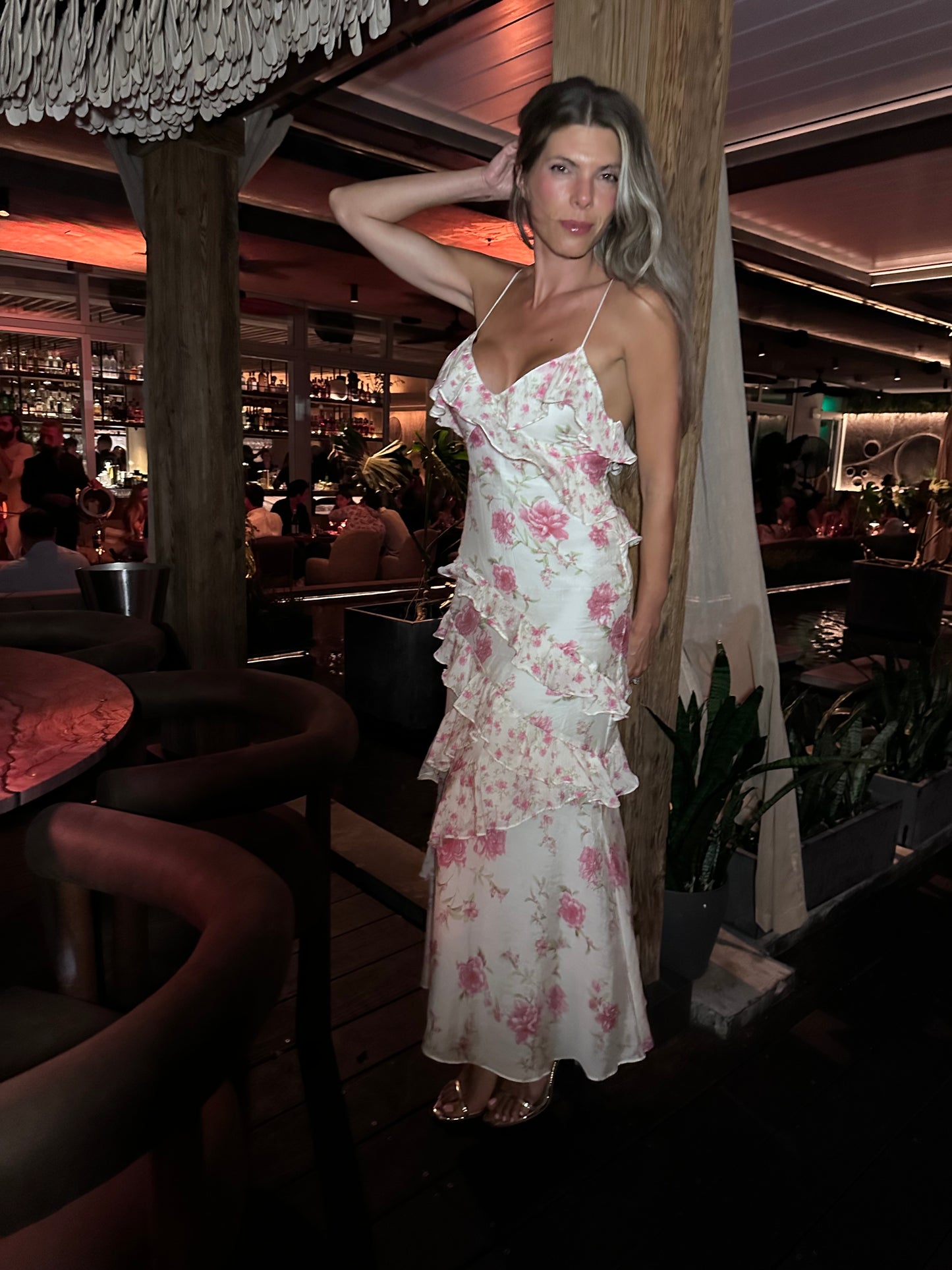 Romantic sweet cute long ruffle summer floral white and pink rose dress
