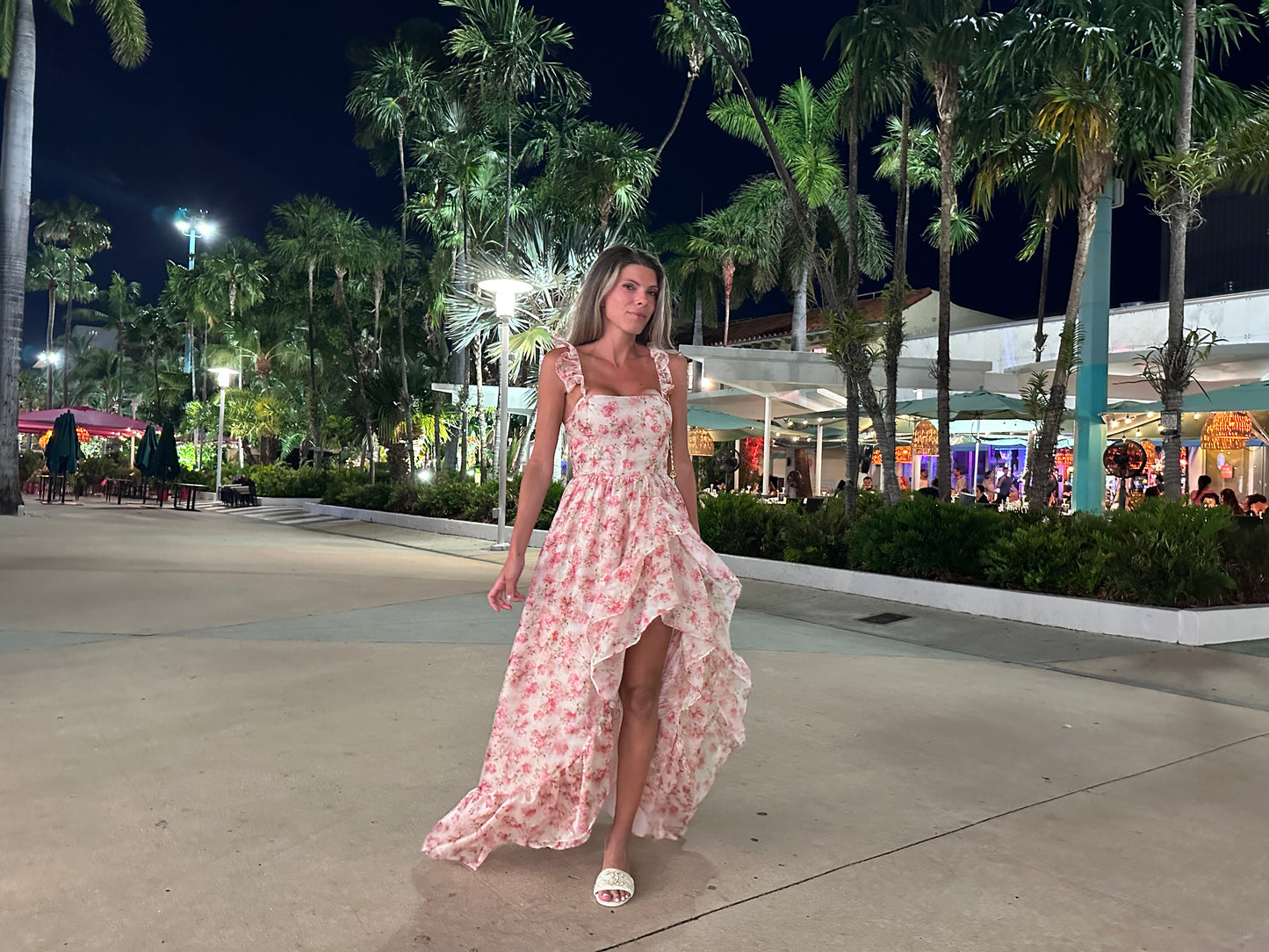 Romantic sweet cute long ruffle summer floral white and pink rose dress