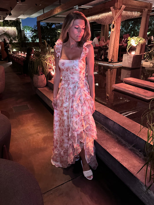 Romantic sweet cute long ruffle summer floral white and pink rose dress 