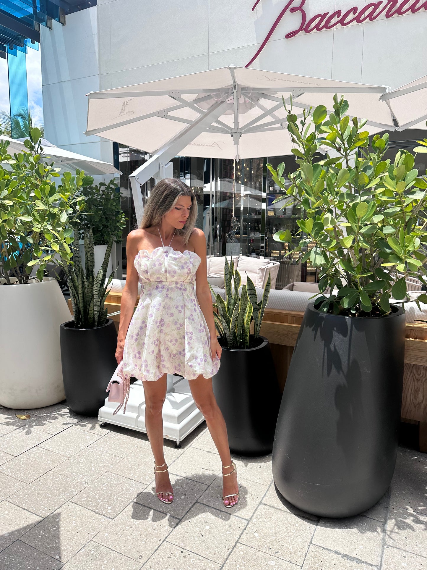 Romantic sweet cute summer floral white and lilac short dress party wedding date outfit