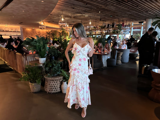 Romantic sweet cute long ruffle summer floral white and pink rose dress 