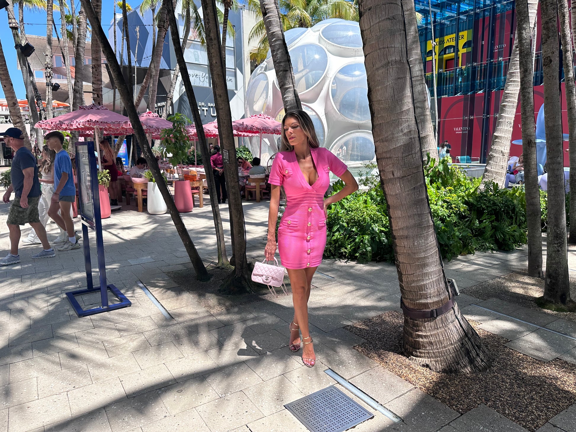 Elegant sexy fitted mini dress golden button designer style little pink dress outfit for party date wedding office corporate event Miami design district