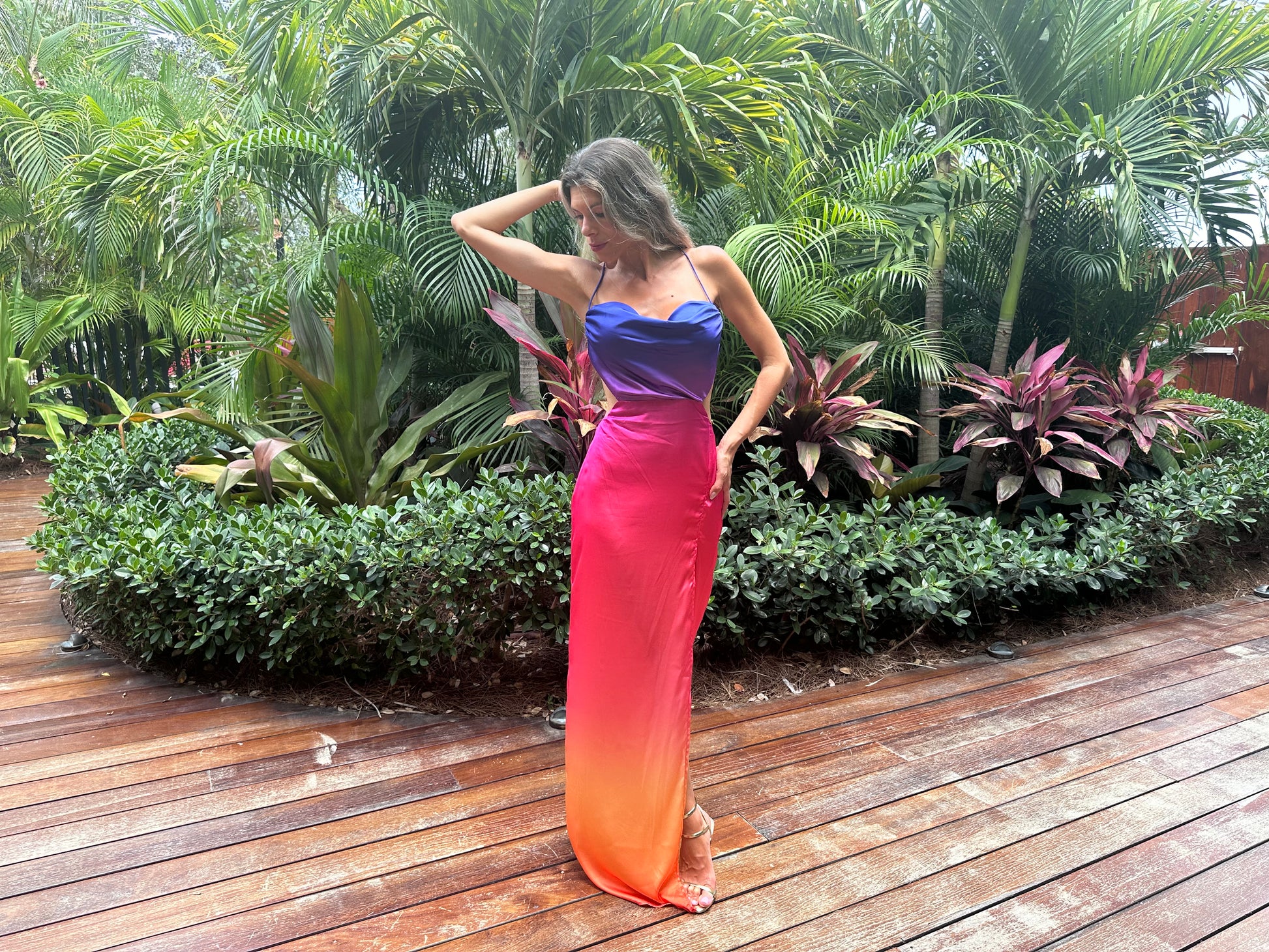 Sexy long ombre satin front slit and backless dress, violet pink to orange Miami sunset vacation