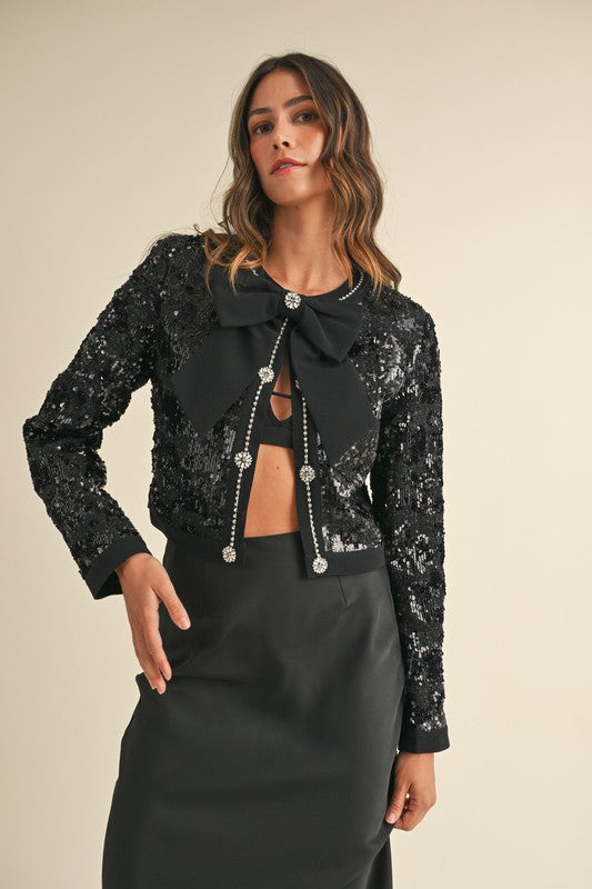 Gabrielle Tweed Sequin Jewel Bow Blazer