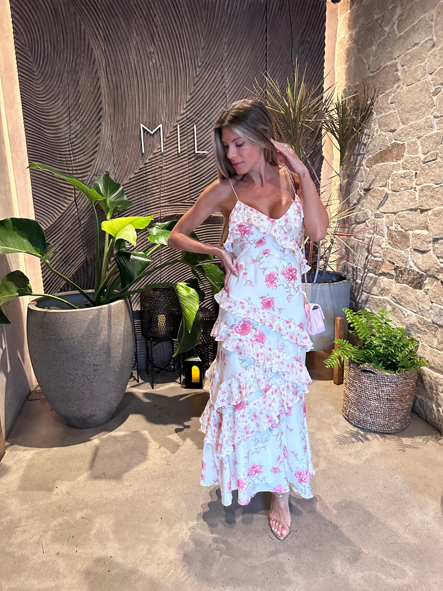 Romantic sweet cute long ruffle summer floral white and pink rose dress 