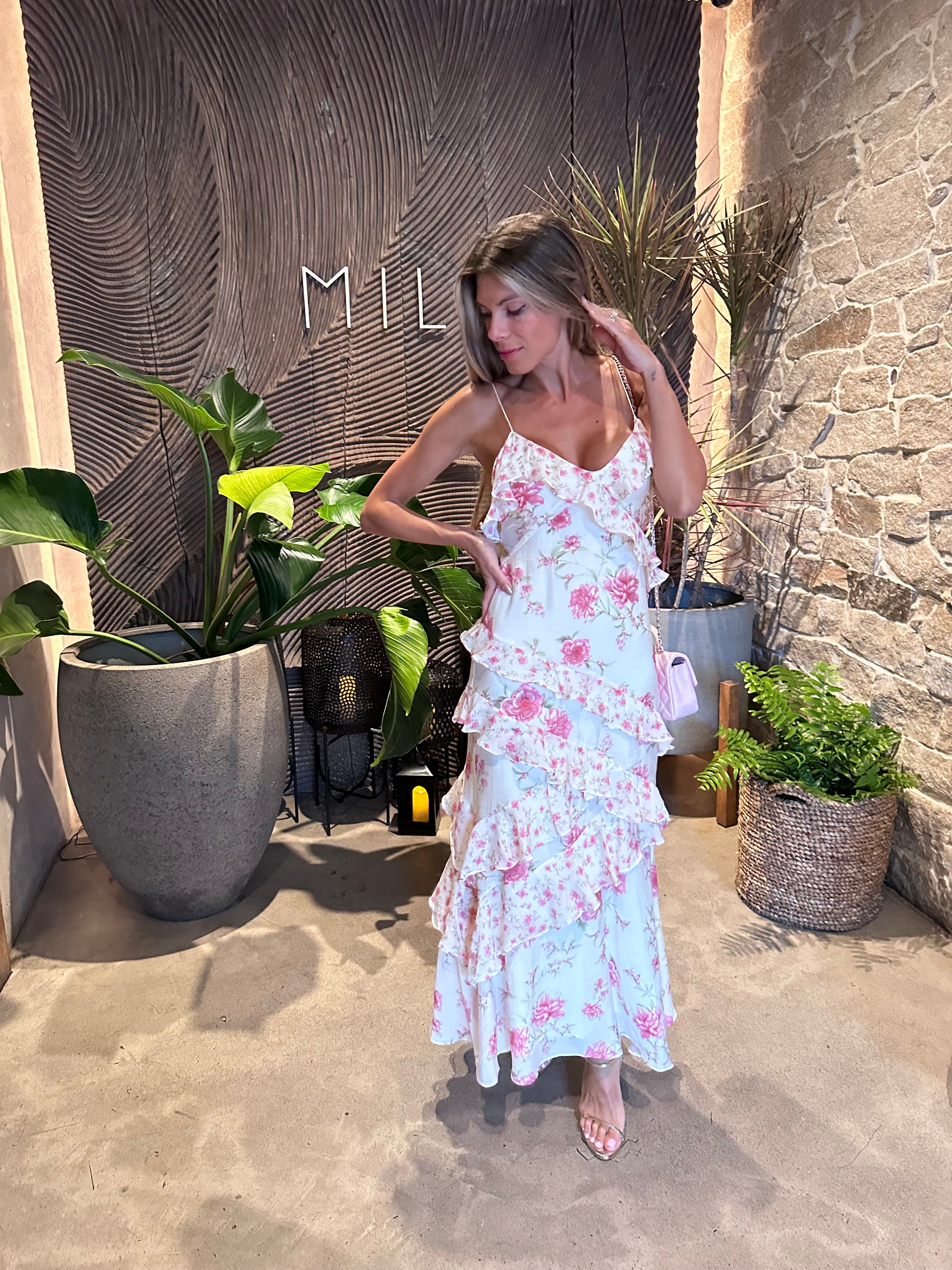 Romantic sweet cute long ruffle summer floral white and pink rose dress 