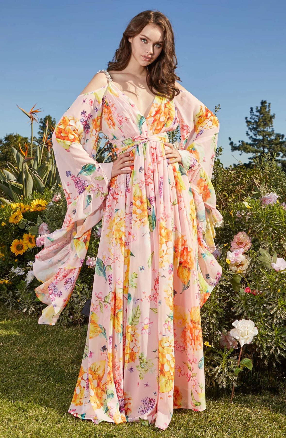 Florence Maxi Pink Floral Ruffle Sleeves Dress