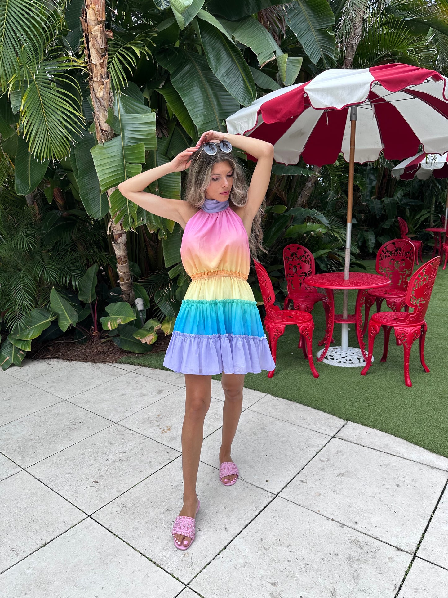 Layered ruffles haltered ombre multicolour short summer cute dress