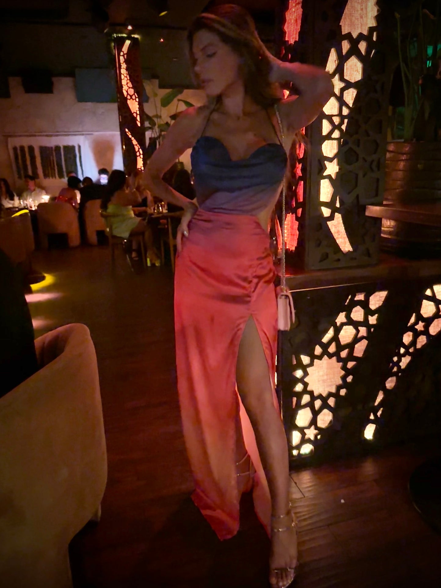 Sexy long ombre satin front slit and backless dress, violet pink to orange Miami sunset vacation date at Bali