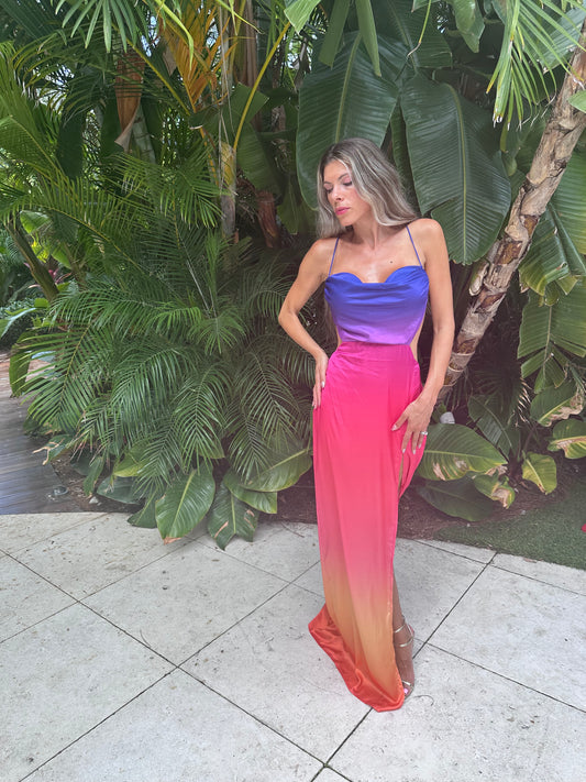 Sexy long ombre satin front slit and backless dress, violet pink to orange Miami sunset date party outfit