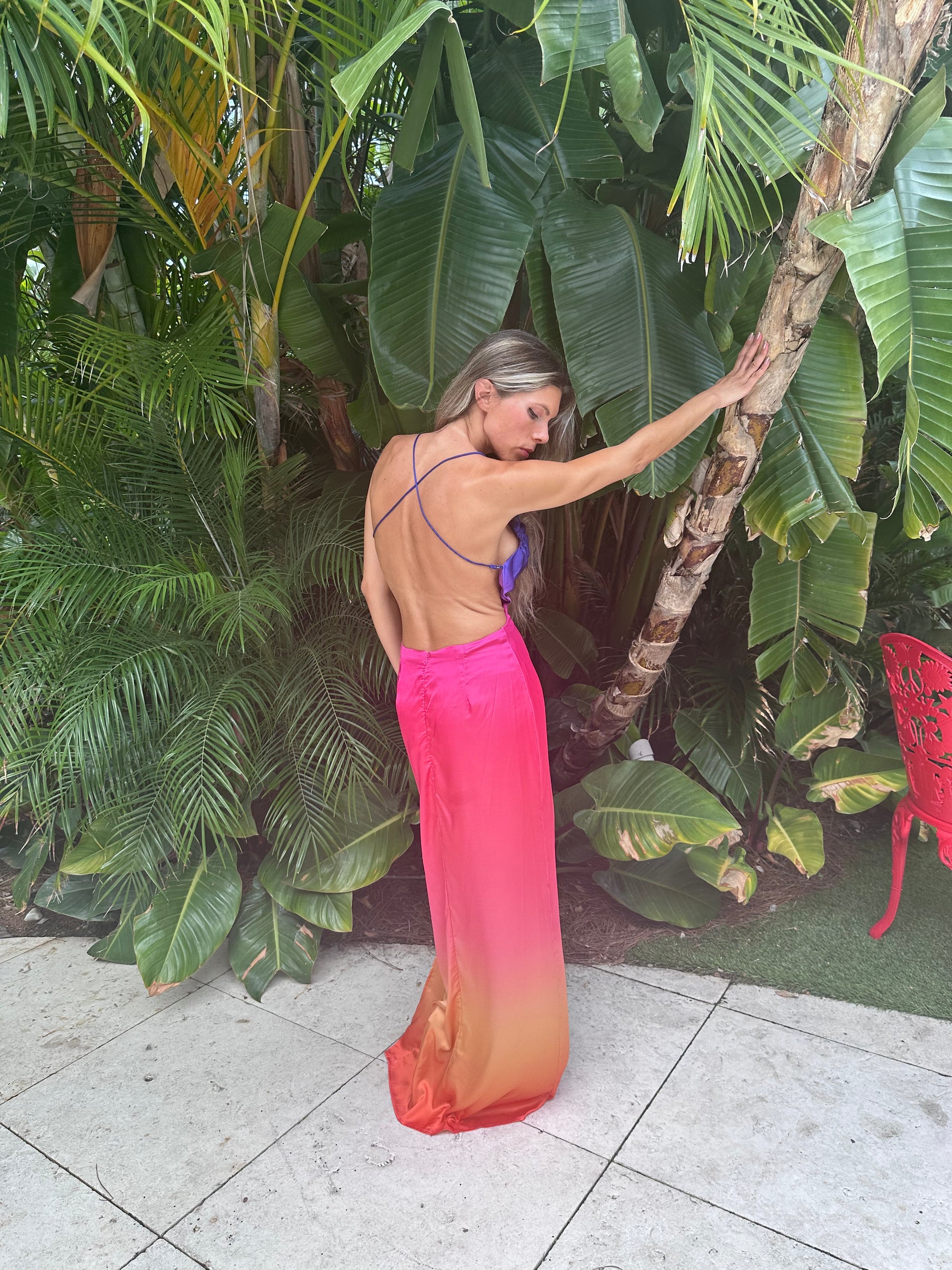Sexy long ombre satin front slit and backless dress, violet pink to orange Miami sunset