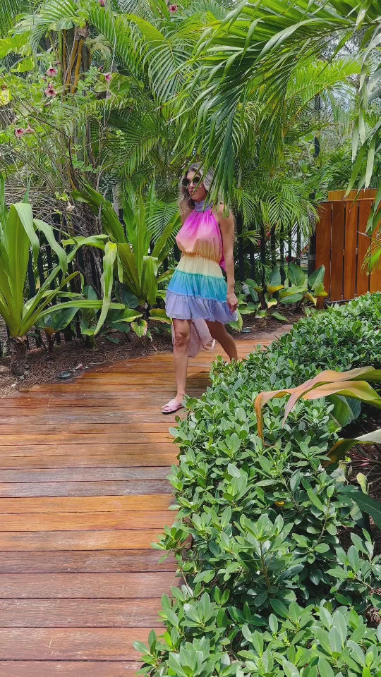 Layered ruffles haltered ombre multicolour short summer cute dress